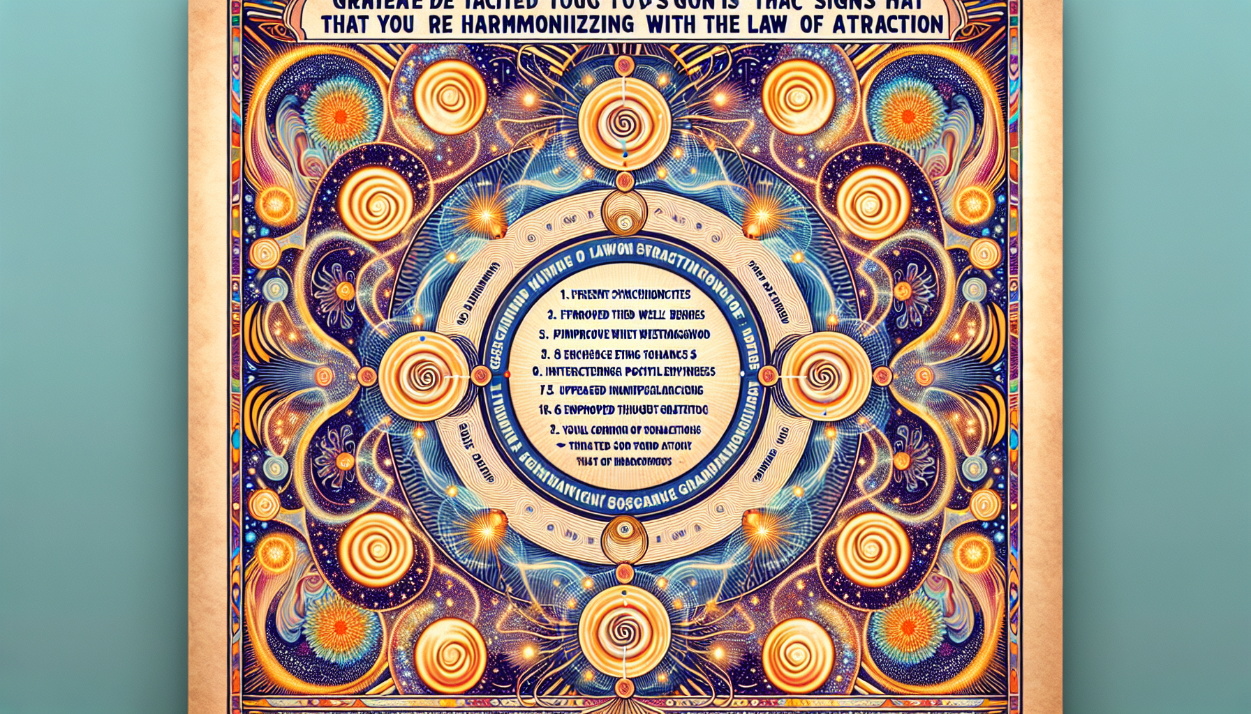Generate a detailed image depicting a poster with a list of the top 10 signs that one is harmonizing with the Law of Attraction. This list could include manifestations such as frequent synchronicities, positive mindset, improved well-being, and an increased sense of gratitude. The background of the poster can be filled with harmonious patterns related to the Law of Attraction such as intertwined energy waves, radiant orbs, or visual manifestations thought waves. The overall theme of the poster should be uplifting and inspirational.