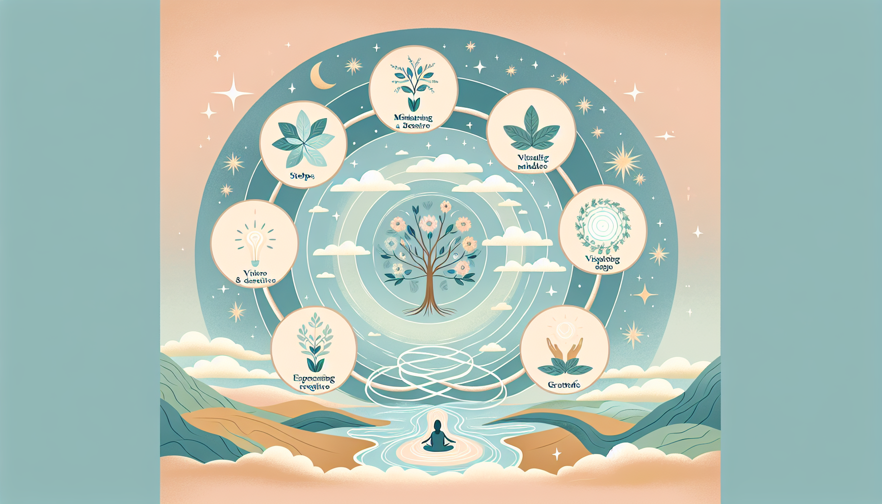 An illustration representing the process of manifesting desires by using the Law of Attraction. It should visually depict seven distinct steps, each symbolizing a particular stage such as maintaining a positive mindset, visualizing desires, expressing gratitude, etc. The image should have a peaceful and serene quality to it, possibly with soft colors and flowing lines to represent the flow of energy. It could also incorporate natural elements like a growing plant or a flowing river as metaphors for personal growth and progress.