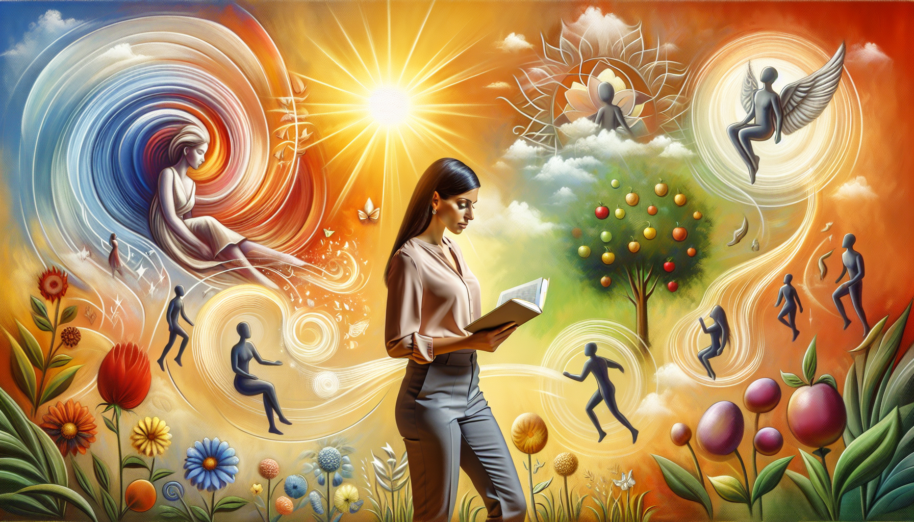 Depict a scene of a woman of Hispanic descent, wearing smart casual attire, standing in the center, reading a book titled 