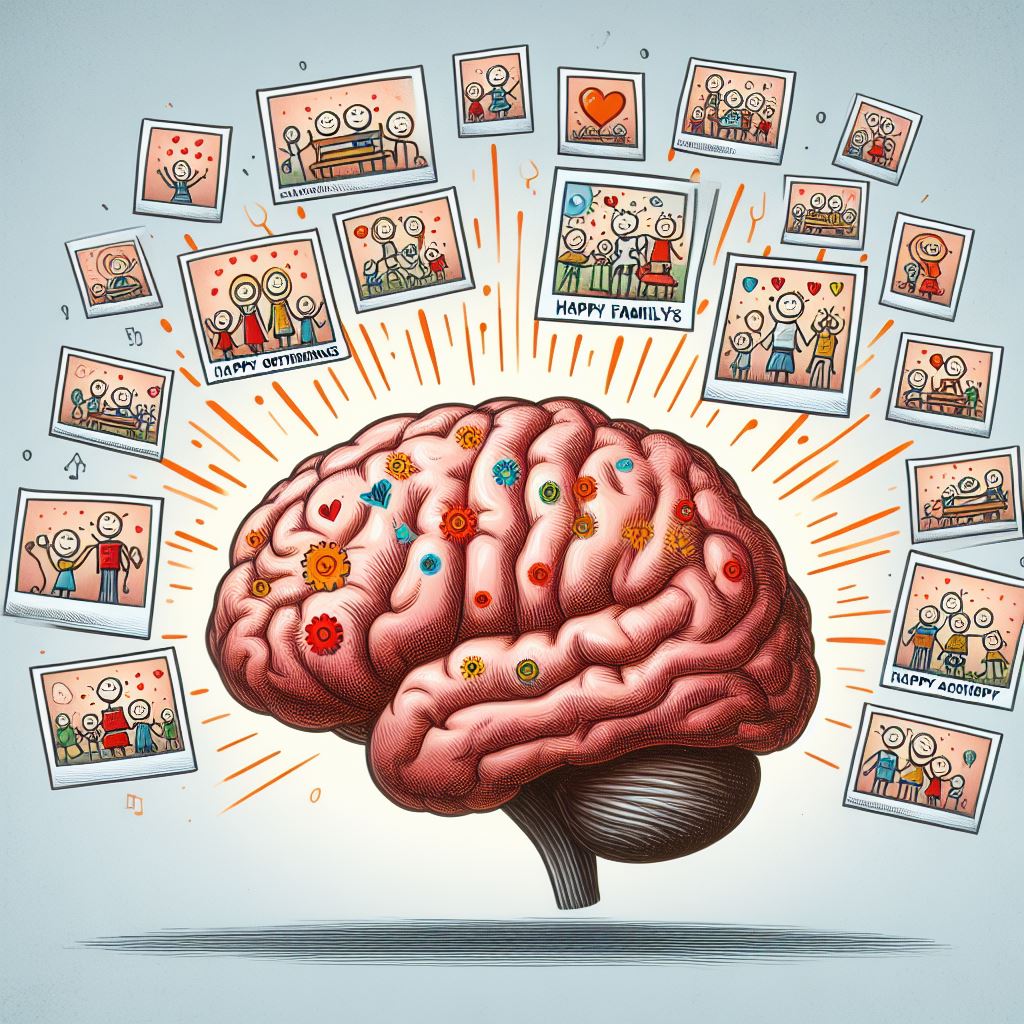 A brain that is radiating thoughts of happy families, happy gatherings, happy achievements all in the background. These thoughts are on polaroid pictures.
