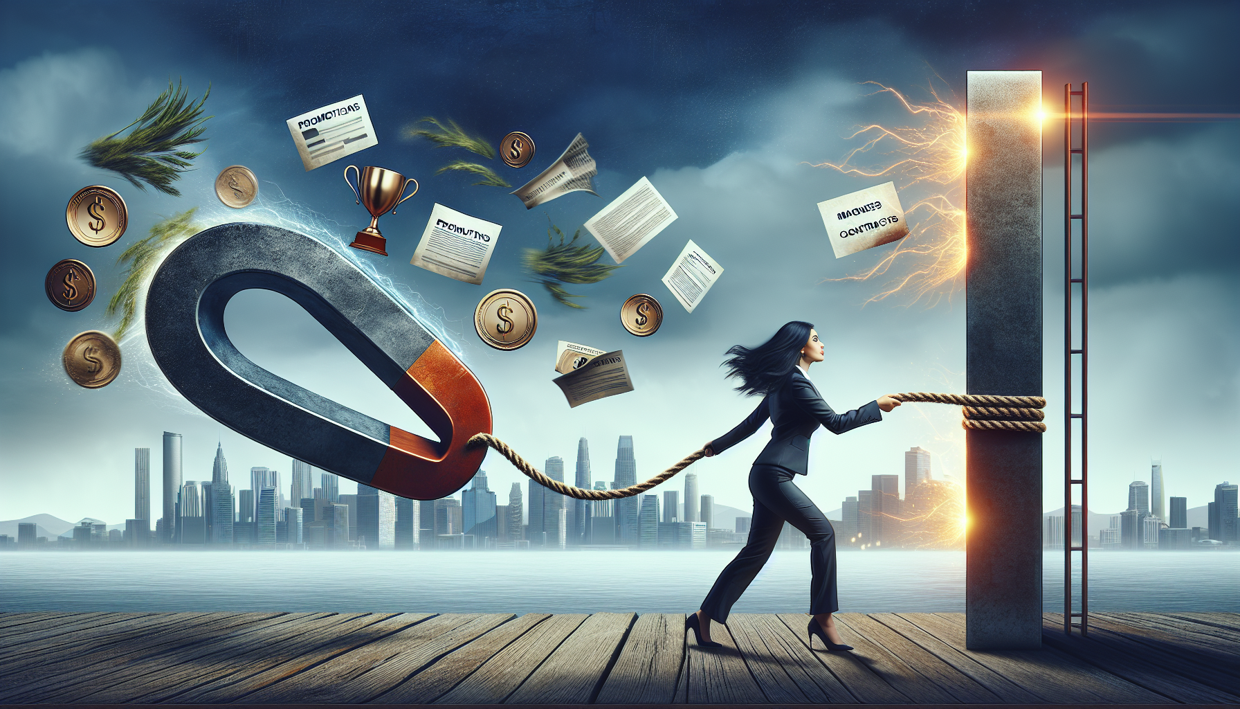 Visual representation of the concept of harnessing the Law of Attraction for career and business success. The main focus could be an abstract metaphorical scene: a strong South Asian woman in a formal business suit pulling a massive magnetic horseshoe toward her with a rope. The horseshoe is attracting symbols of career success like promotions leaflets and notes, business contracts, and a shiny golden trophy. In the far background, we see a bustling cityscape symbolizing the business world. The mood is one of determination, focus, and anticipation of success.