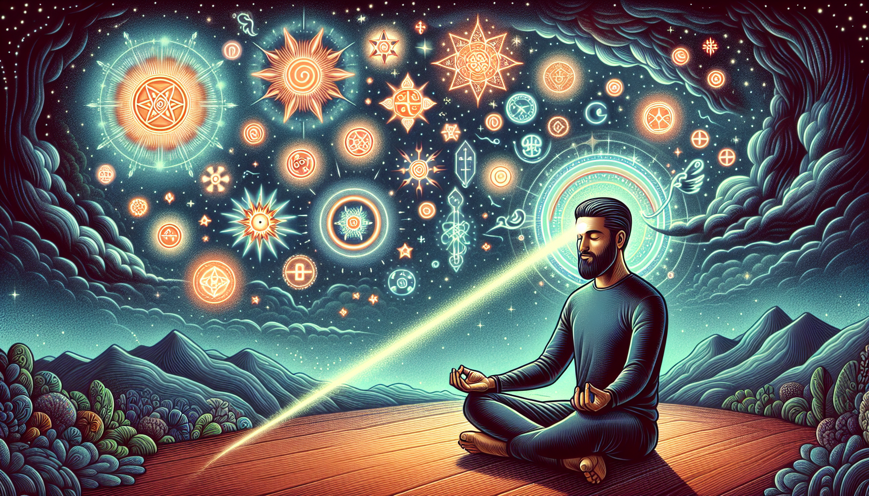 A detailed illustration of a person mastering positivity. The person, a Middle-Eastern man, is harnessing the law of attraction to defeat negative thinking. He