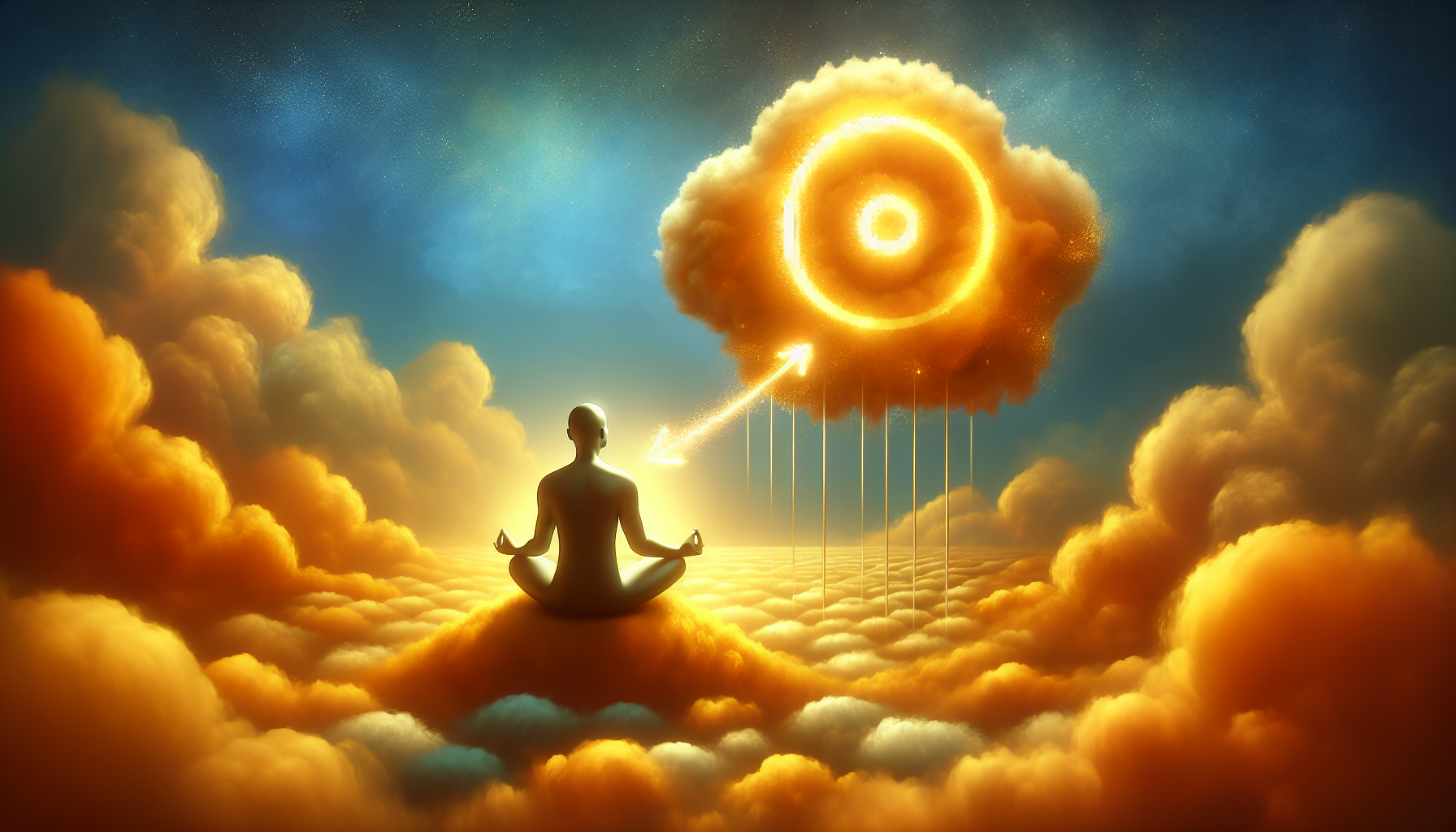 Visual representation of the concept of success manifestation and harnessing the law of attraction for goal achievement. Render a balanced image depicting a person in meditation, with a thought bubble prominently reaching out to a glowing, golden 