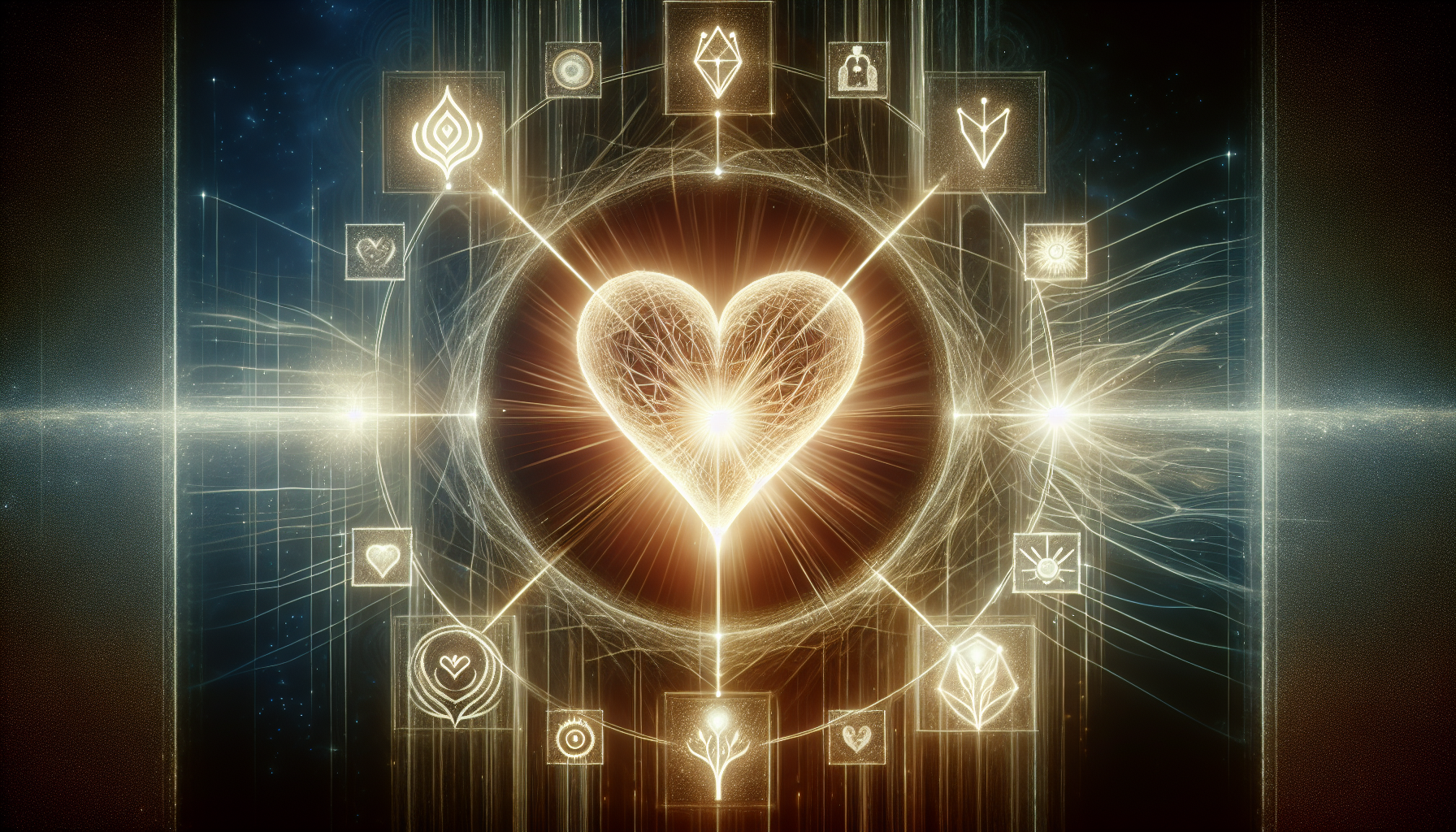 A visual representation of the concept of self-love and confidence being cultivated through the Law of Attraction. A glowing symbolic heart is in the center, radiating a warm, soft light. The heart is overcome by a sense of tranquility and acceptance. Surrounding the heart, faint symbols and icons relating to confidence such as a crown, lion, and a tall mountain are subtly apparent. In the background, the subtle image of an invisible magnet pulling positive energy symbols towards the heart, representing the Law of Attraction, emanates a gentle, inviting glow.