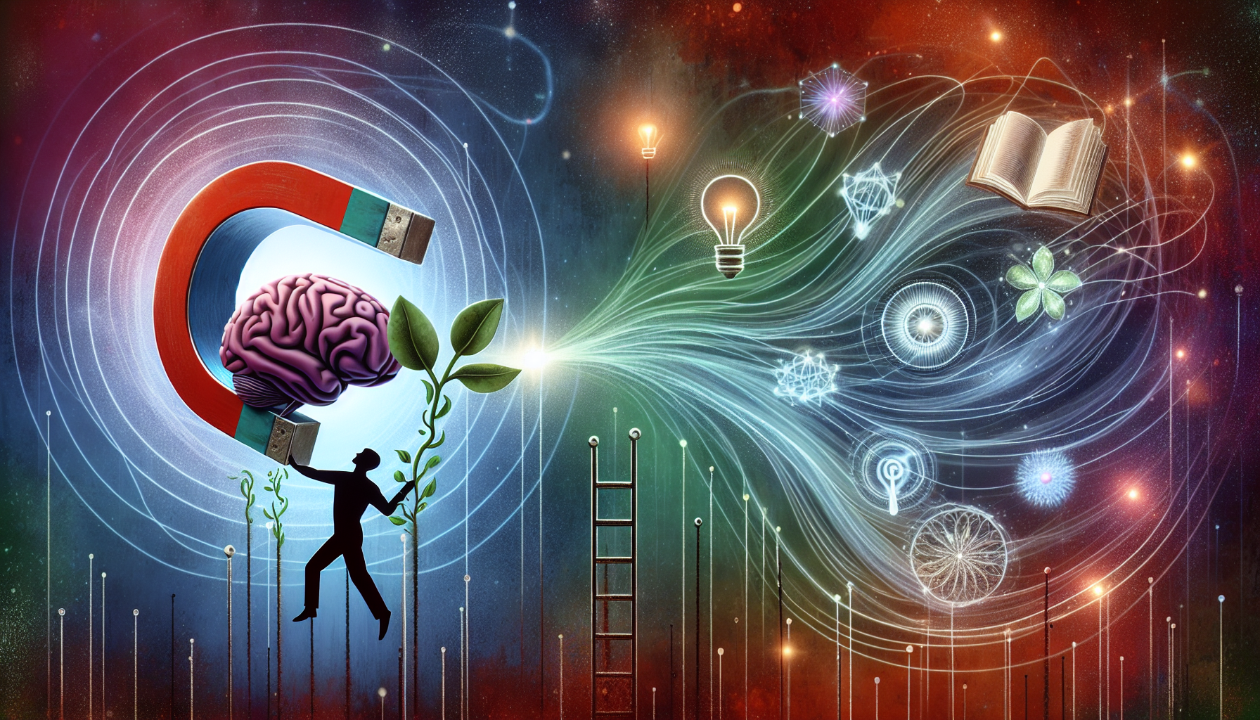 An abstract image that symbolizes the Law of Attraction. This could be depicted as a vortex or a magnet, pulling in various symbols representing personal growth, such as a brain sprouting a plant, a ladder extending towards the sky, and an open book. Nearby, an outline of a person is reaching out towards these elements, symbolizing their desire and effort to master new abilities. The figure could be seen holding a magnifying glass, symbolizing the focus and attention needed for self-development. Make it a vibrant and energetic scene to convey the power of a positive mindset.