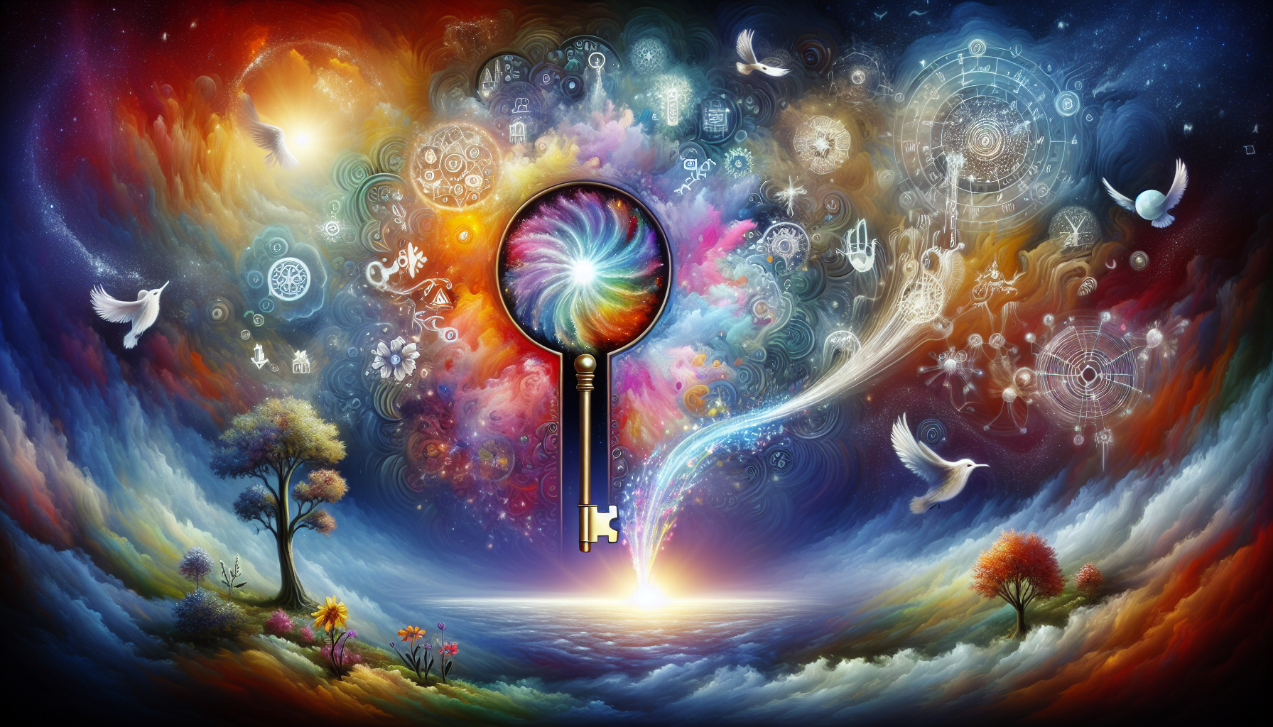 A metaphorical representation of unlocking creativity and intuition through the law of attraction. This can be depicted as a powerful key opening an ethereal lock, from which radiates a blend of brilliant colors symbolizing creativity and a brilliantly light luminous thread characterizing intuition. Surrounding this scene are manifestations of the law of attraction i.e., visions of success, positivity, and empowerment in the form of symbols like flowering trees, rising sun, and harmonious landscapes. All depicting a serene and metaphysical landscape where the unseen forces are at work.