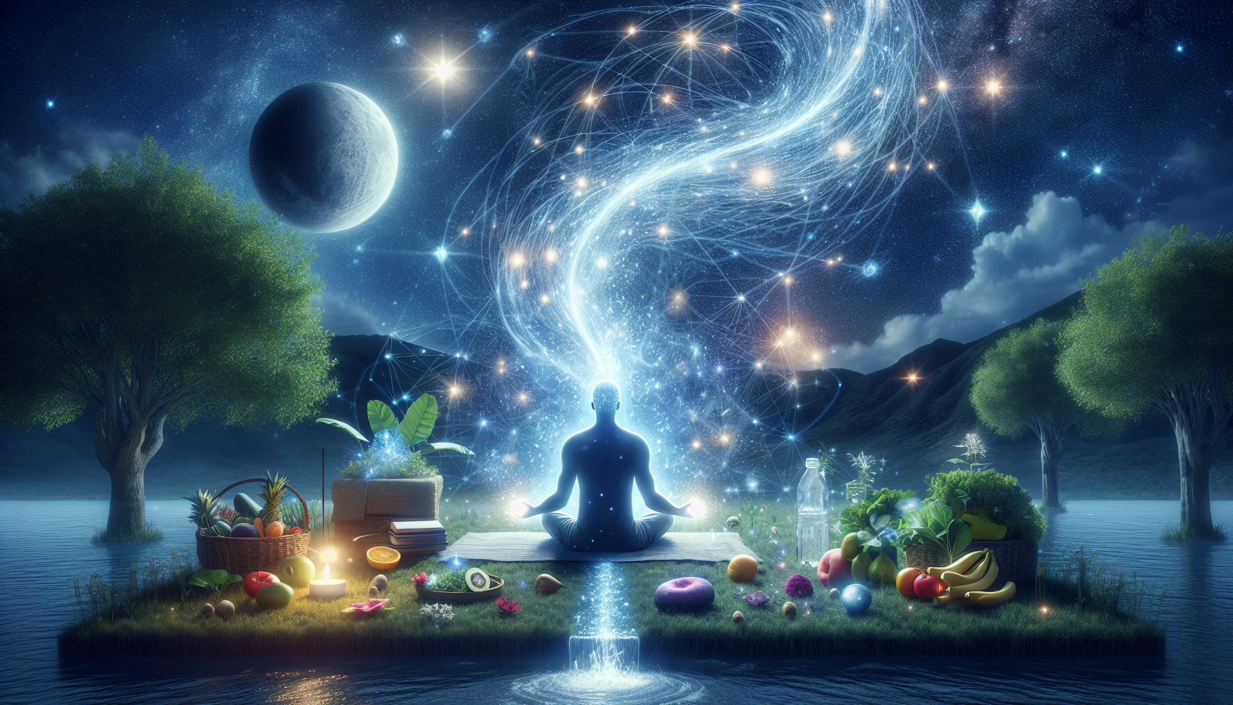 A concept visualisation demonstrating the Law of Attraction enabling wellness. The scene features an ethereal energy flow from the universe, represented by stars and cosmic energy, into a serene individual practicing meditation. The wellness manifests in the form of glowing light energy stream, symbolising positive thoughts and emotions, flowing from the universe into the person. Around the person, symbols of health and vitality, like fruits, vegetables, and fresh water, appear to further signify wellness. The setting is tranquil, perhaps a serene garden under a clear night sky.