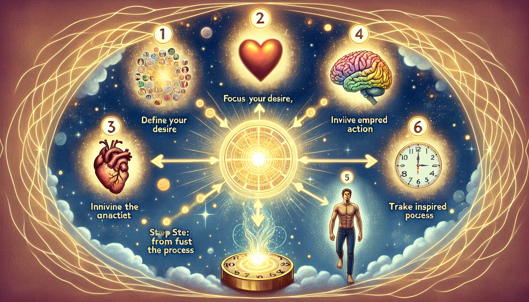 A visualization depicting five steps to manifesting desires using the Law of Attraction. Step 1: Define Your Desire, shown as a thought bubble filled with various personal goals. Step 2: Focus Your Thoughts, represented by a focused brain emitting positive energy. Step 3: Invoke Emotion, displayed via a heart radiating warmth and happiness. Step 4: Take Inspired Action, shown as a person of South Asian descent taking a step forward. Step 5: Trust the Process, represented by a clock symbolizing patience. Each step is numbered and connected via a golden path.