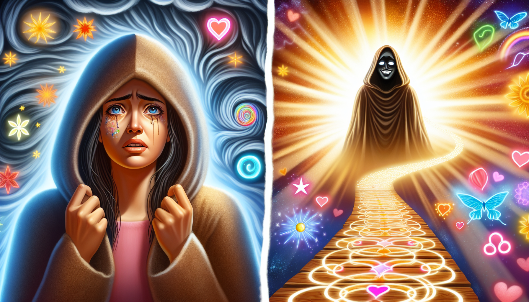 An image illustrating the concept of mastering fear and anxiety with the law of attraction. At the left, show a person of South Asian gender-neutral appearance, cloaked in shadows symbolizing fear and anxiety. The facial expression should show distress and apprehension. In the middle, depict a pathway made of light, symbolizing the transformation process. This road is adorned with vibrant, positive symbols such as hearts, stars, and smiles. At the end of the pathway, on the right side of the picture, show the same person now Caucasian and female, basking in bright, golden light, emitting radiance and confidence. Her facial expression should reflect joy and peace.