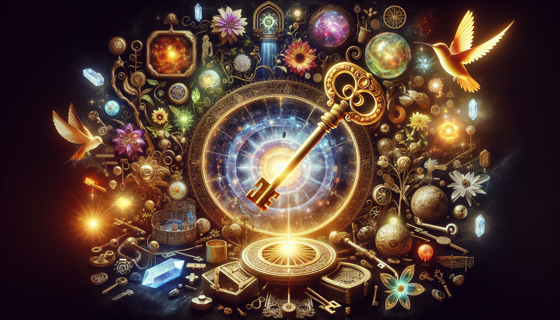 A symbolic representation of unlocking the secrets of the Law of Attraction. In the center, a large, antique key cut from pure gold is about to open a glowing, intricate lock that