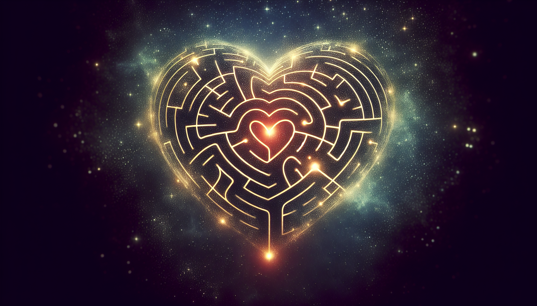 An abstract representation of the concept of Love. This could include a heart-shaped labyrinth floating in a stary sky, depicting the twists and turns of Love